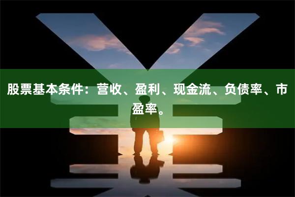 股票基本条件：营收、盈利、现金流、负债率、市盈率。